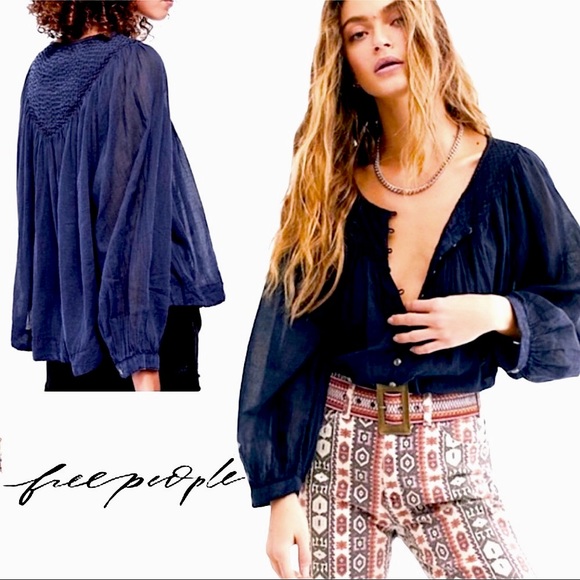 Free People Tops - SALE Free People Boho Navy Peasant Tunic Top
